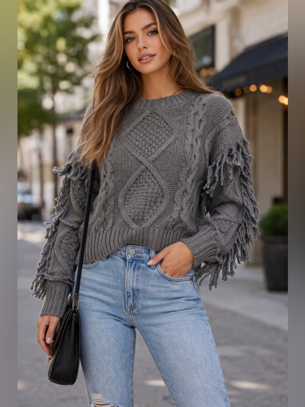 Line & Dot NWT Fringe Cable Knit Sweater – Charcoal Gray – Boho Chunky Knit